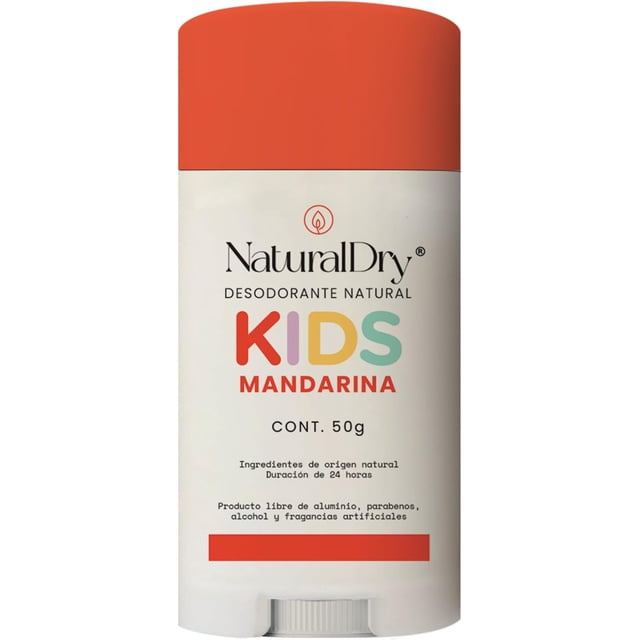 Desodorante natural Unisex para niños, NaturalDry, Kids piel normal, No obstruye los poros, Elimina el mal olor, aroma Mandarina, barra