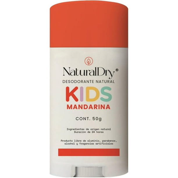 Desodorante natural Unisex para niños, NaturalDry, Kids piel normal, No obstruye los poros, Elimina el mal olor, aroma Mandarina, barra