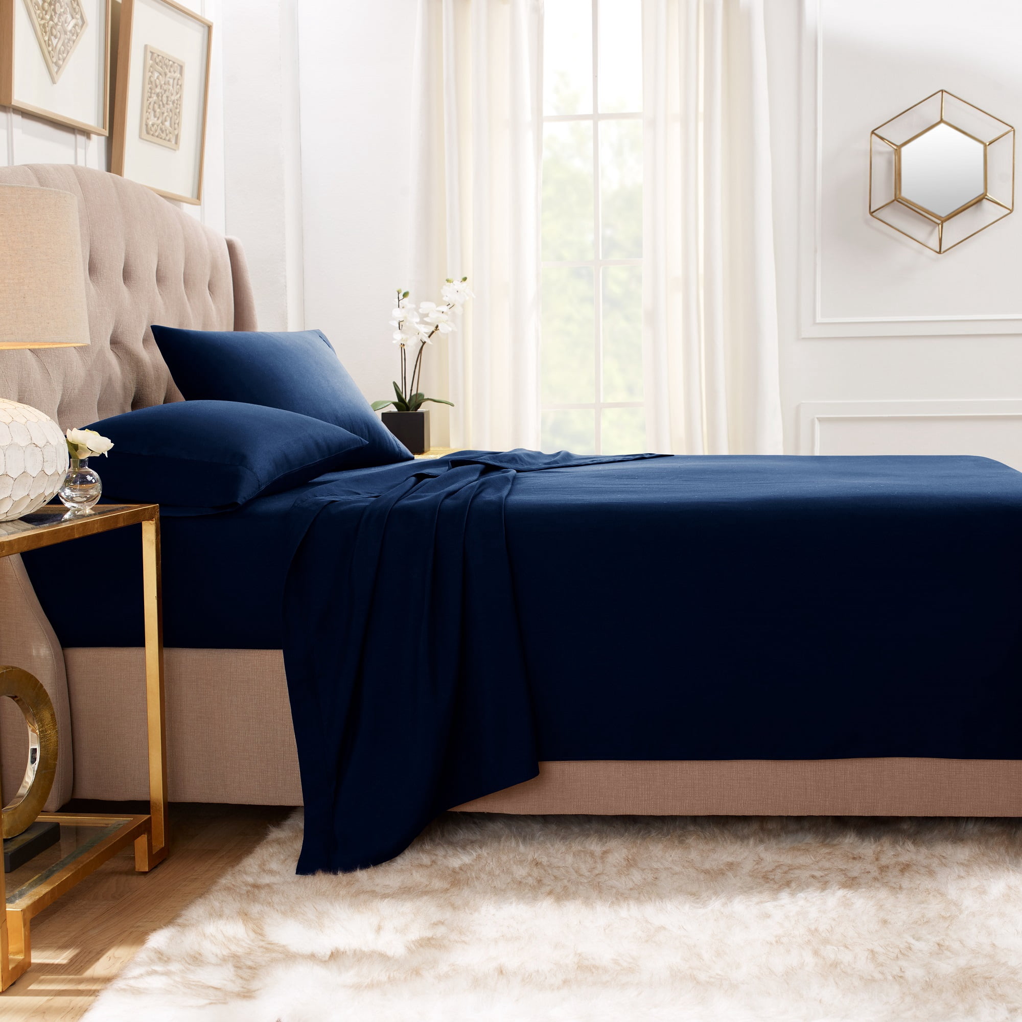 Hearth & Harbor Deep Pocket 4 Piece Solid Bed Sheet Set, 1800 Thread Count Microfiber Sheets, Full, Navy Blue