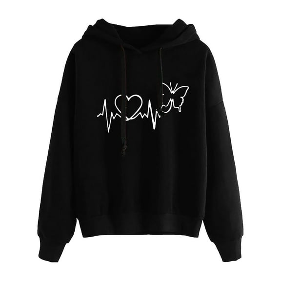 Baqcunre Women's Fashion Ecg Love Butterfly Print Comfortable Long Sleeve Hoodie Womens Tops Graphic Hoodie Hoodies for Women Womens Sweatshirt,Black,L