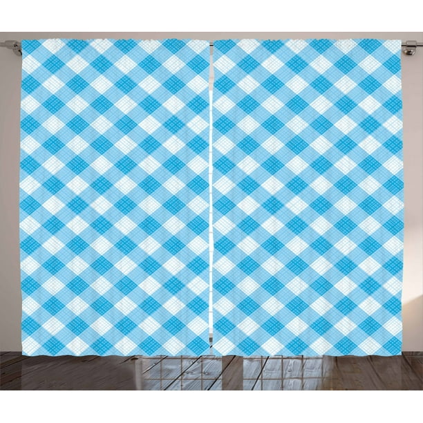Checkered Curtains 2 Panels Set, Blue and White Gingham Fabric Texture