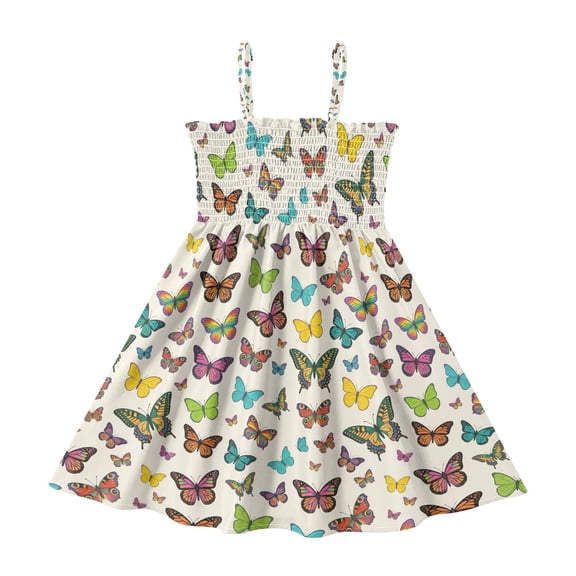 Summer Spaghetti Strap Butterfly A Line Dress Casual Sleeveless Cami Sundress for Size 2-8 Years