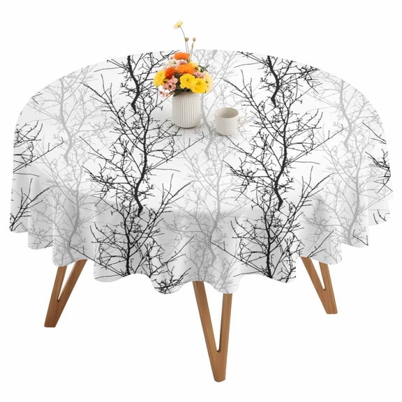 Black Grey Round Tablecloth 54 inches Tree Branch Waterproof Oil-Proof Table Cloth Round Table Cover for Holiday Party Picnic Dinner Decor Indoor and Outdoor Use