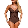 thumbnail image 2 of Minjewel Women's Cross-Back One-Piece Swimsuit with Ruched Tummy Control, Solid Color Slimming Bathing Suit, Athletic Swimwear for Women,Coffee,2XL, 2 of 7