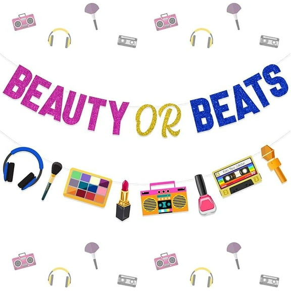 2 Pcs Hip Hop Gender Reveal Banners Funny Including Glitter Beauty or Beats Banner and Music Themed Retro Disco Garland for 90s 80s He or She, Boy or Girl Baby Shower Party Decorations