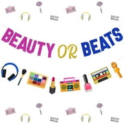 2 Pcs Hip Hop Gender Reveal Banners Funny Including Glitter Beauty or Beats Banner and Music Themed Retro Disco Garland for 90s 80s He or She, Boy or Girl Baby Shower Party Decorations