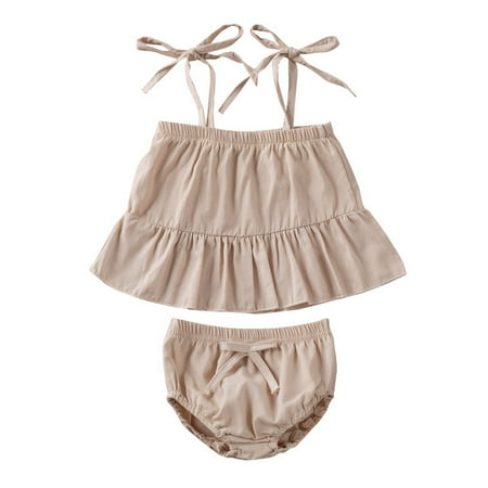 

Newborn Infant Baby Girl Summer Clothes Solid Color Sleeveless Ruffle Halter Top Dress Shorts Bloomers Outfit Set