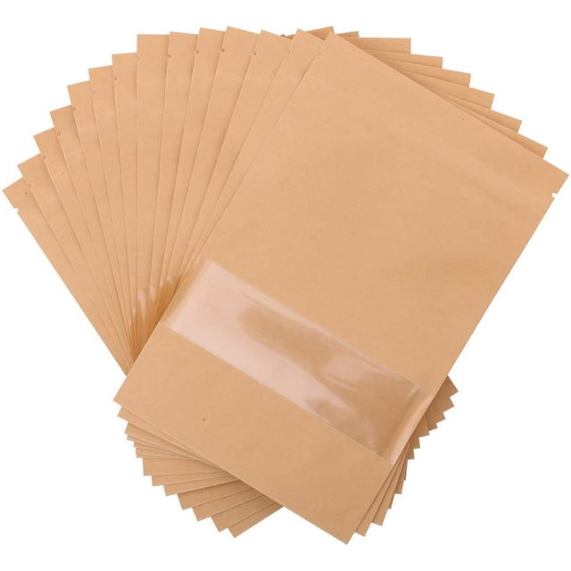 Kraft Zip Lock Stand Up Food Bags, Katfort 100PCS Kraft Bags Pouches with Window & Tear Notch, 8.7"x5.5" Food Saver Food Storage Bags Paper Party Gift Favor Wrap for Candy, Coffee Beans Nuts