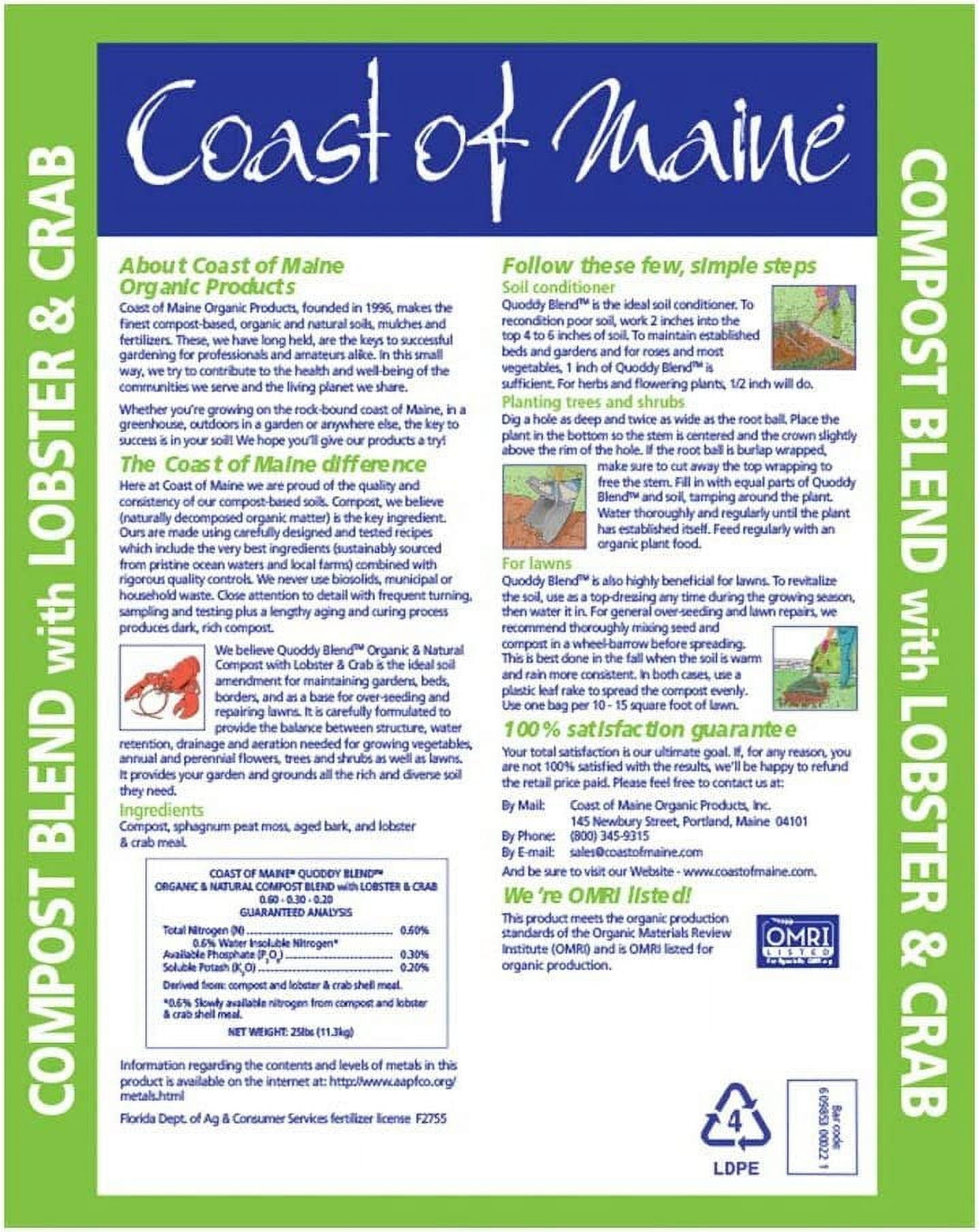 Coast of Maine Quoddy Blend Lobster and Crab Organic Compost Plant Potting Soil Blend Bag for Container Gardens and Flower Pots, 1 Cubic Foot 2 Pack