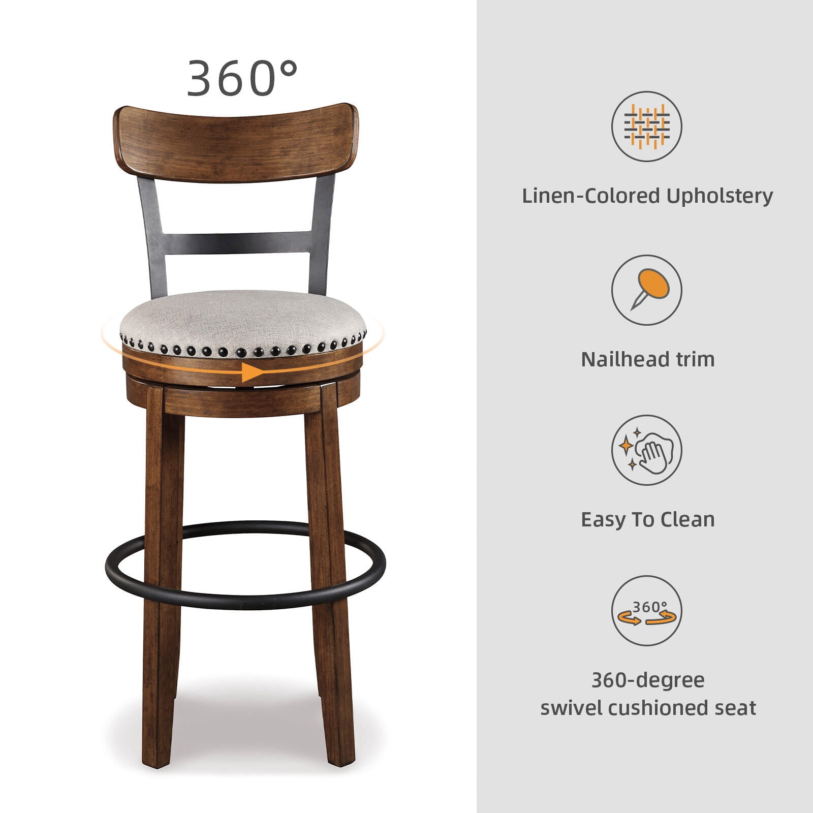 Signature Design by Ashley Valebeck Swivel Bar Stool, Brown, Upholstered Pub Height Chair with 360-Degree Swivel and Linen Fabric Seat