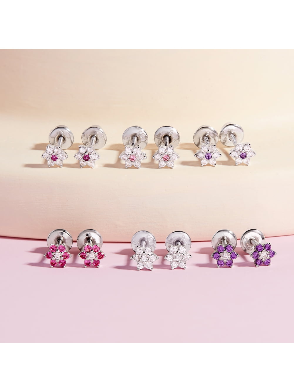 925 Sterling Silver 5mm Purple CZ Flower Screw Back Earrings Babies Toddlers