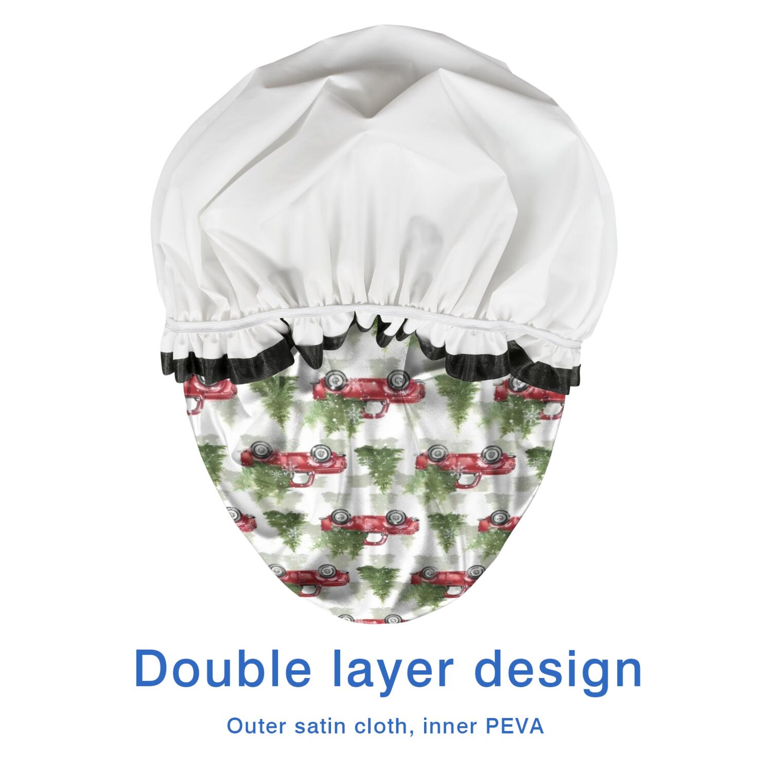 Shower Caps,White Christmas Red Truck and Tree Pattern Waterproof Shower Cap for Women 4 Pieces,Double Reusable Hair Cover for Shower PEVA Elastic Stretch Hem