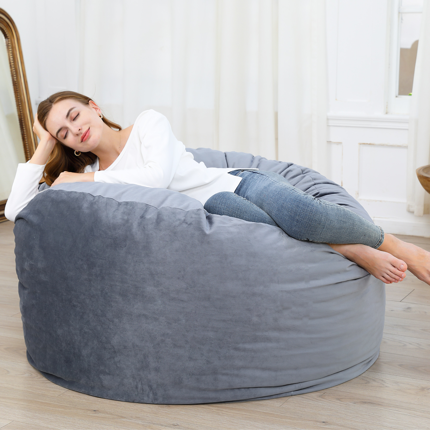 4FT Large Bean Bag Chair, Giant Bean Bag Chair with Filling, Round Bean Bag Sofa for Adults Teens, Big Sofa Bean Bag Chairs Soft Velvet Beanbag for Bedroom Living Room