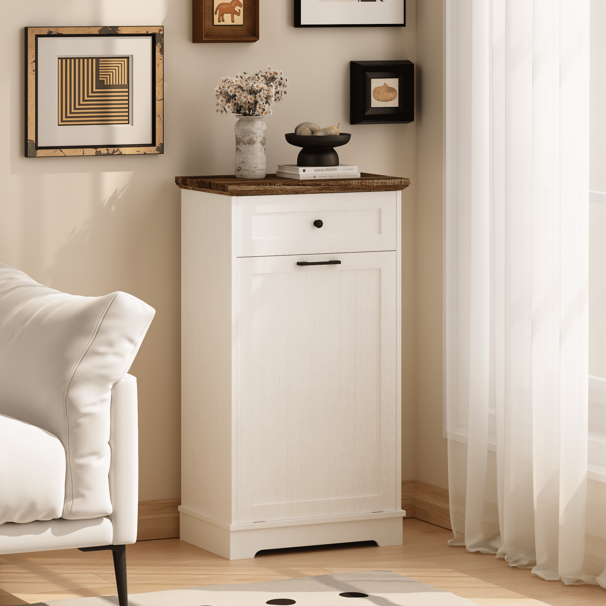 13 Gallon Tilt Out Trash Cabinet Freestanding Trash Bin Cabinet Wood Garbage Recycling Cabinet with Drawer Pet Proof Trash Can Holder for Kitchen Living Room, Antique White (Not include trash can)