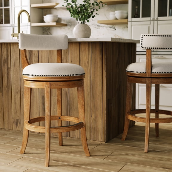 Pasha 31in. Bar-Height Wood Bar Stool- Pecan Finish with Linen Fabric Seat