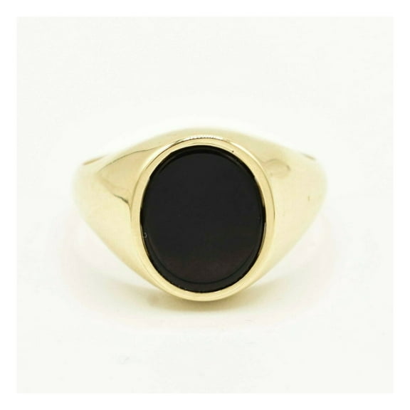 Oval Black Enamel Shiny Signet Unisex Adult Ring 10K Yellow Gold, 3.67 Gr - GOLDUM NYC