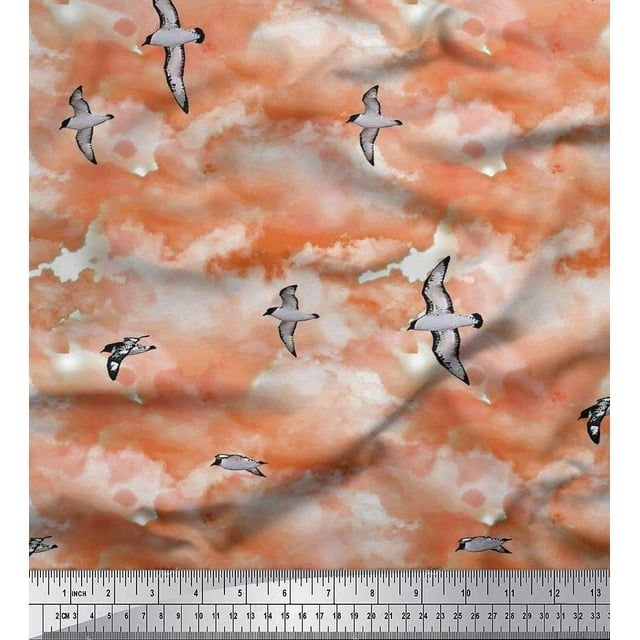 Soimoi Satin Silk Fabric Sky & Flying Swift Bird Print Fabric by Yard 42 Inch Wide