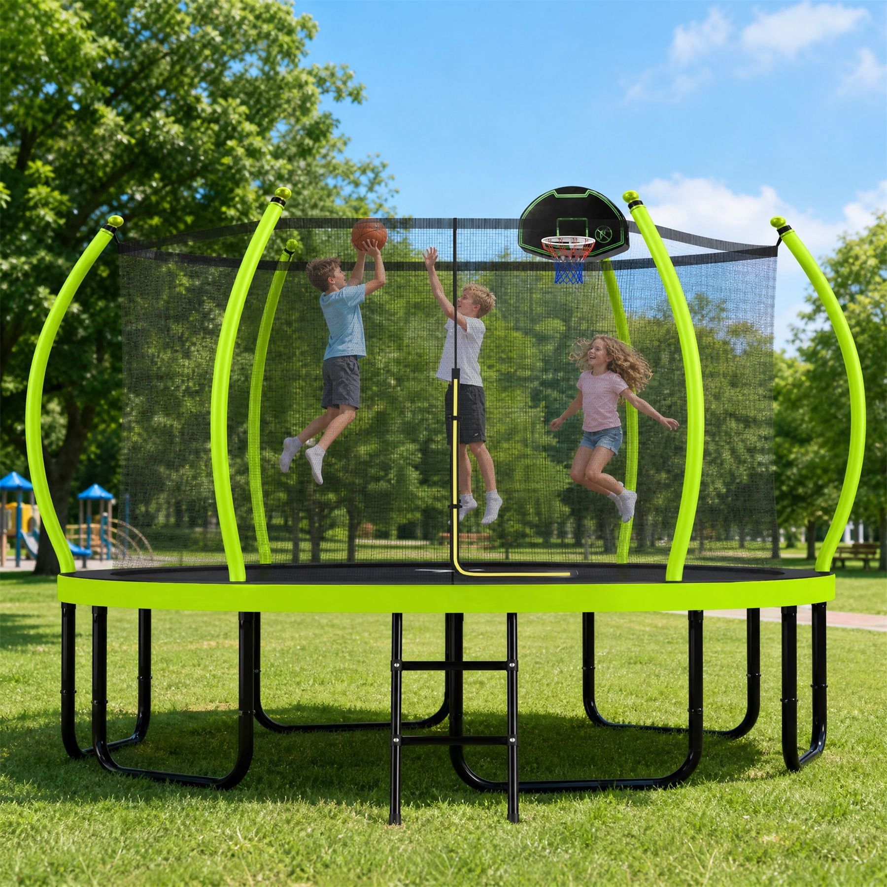 Alvantor 16Ft Trampoline for Kids, Pumpkin Trampoline with Enclosure Net and Basketball Hoop Green