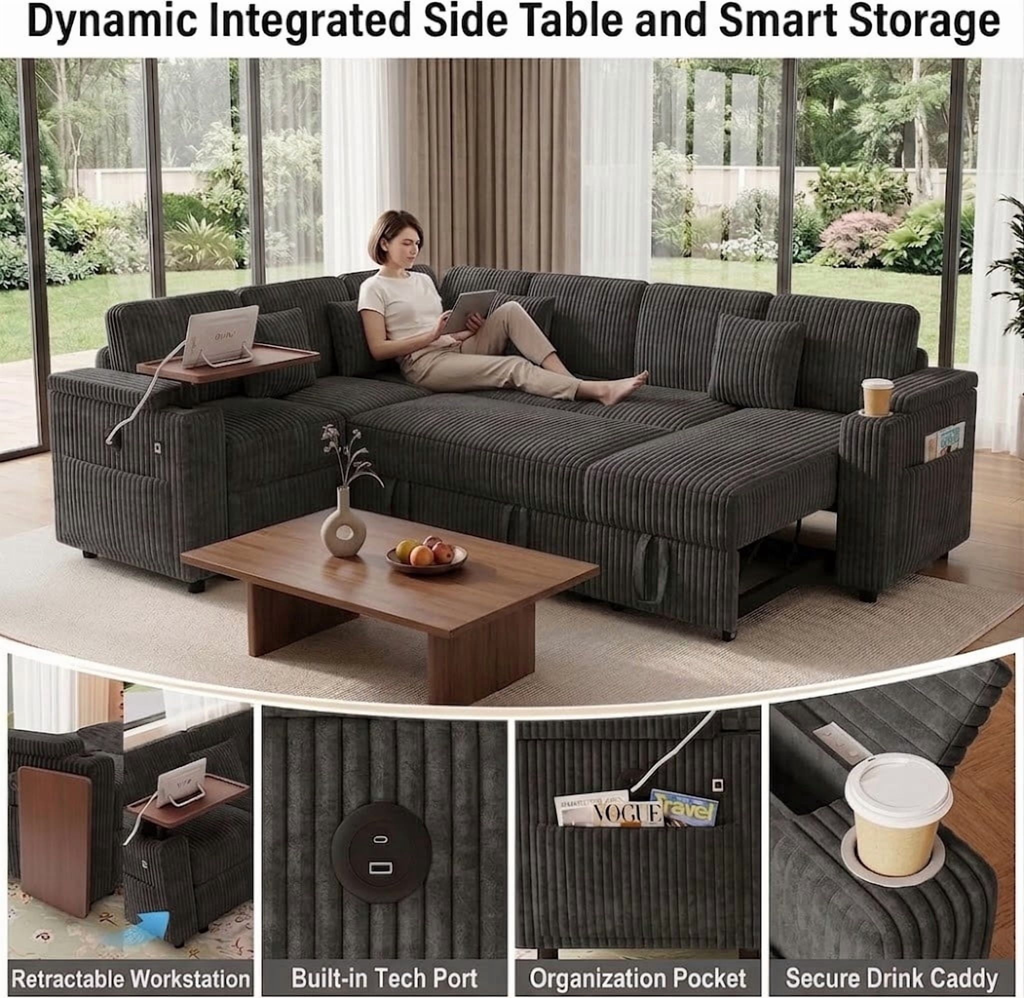 100" U-Shaped Sleeper Sofa with Pull-Out Bed, USB Charging Ports, Cup Holder, Flip-Top Table, Storage Chaise, Corduroy Sectional Couch for Living Room, Apartment & Guest Room