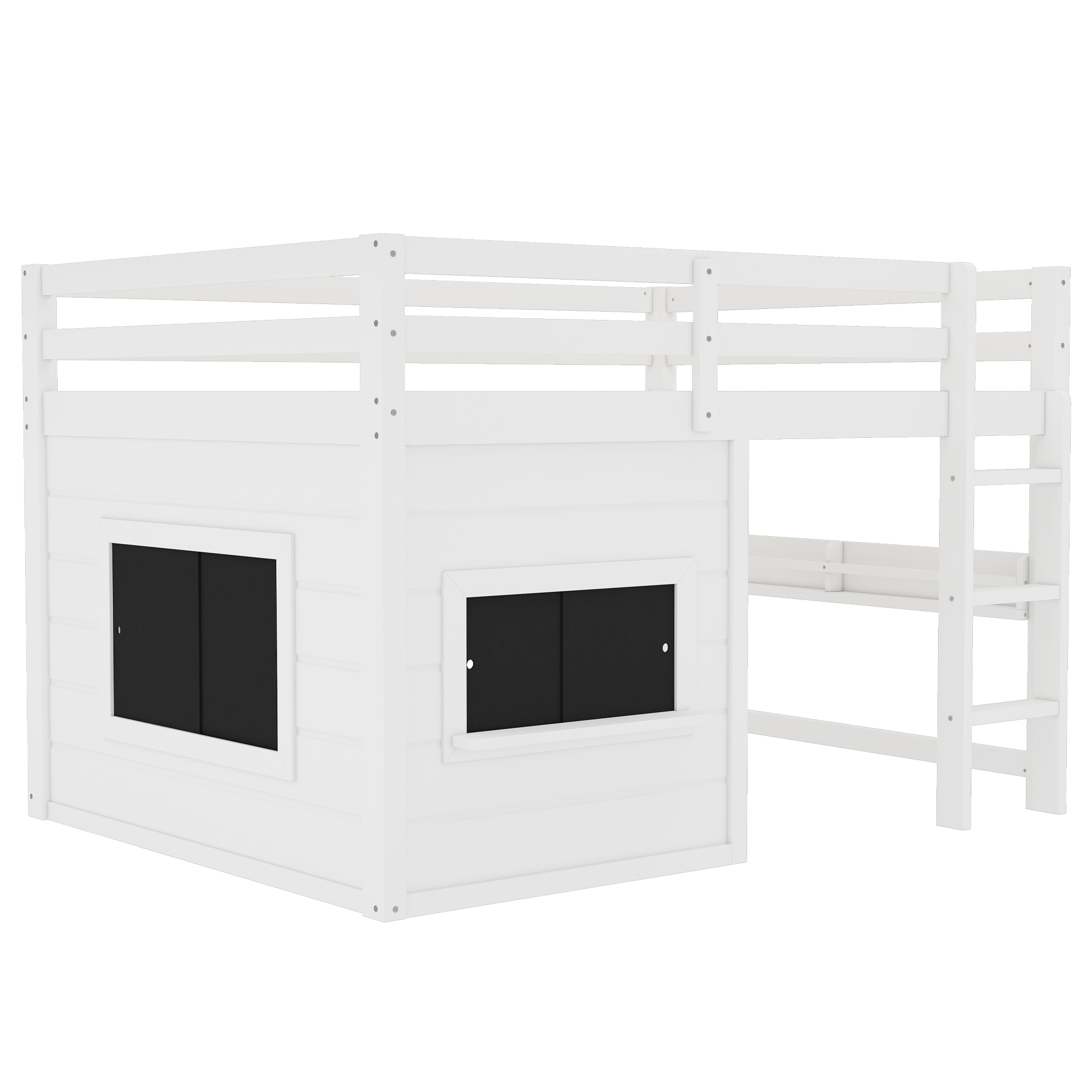Leumius Full Size Loft Bed with Storage Shelves,Solid Wood Low Loft Bed Frame with Chalkboard and Bookshelf,Space Saving,White