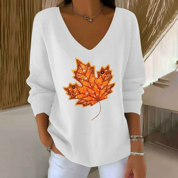 HongQid Fall Sweatshirts for Women Tops: Maple Leaf Crewneck Sweatshirt Casual Long Sleeve Pullover