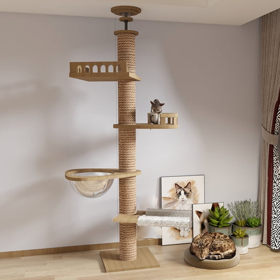 MEKIDULU Floor to Ceiling Cat Tree Tower, Adjustable Wood Cat Condo (95"-108"), 4.3" Thick Scratching Post for Large Cats
