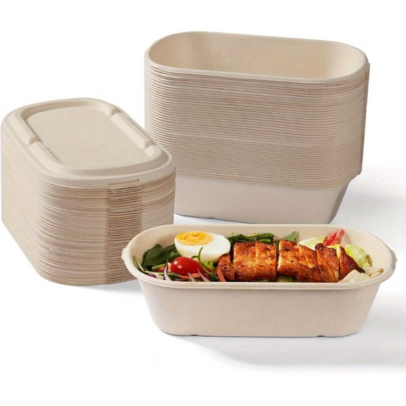 25pcs 34 oz Disposable Food Containers with Lids-Sugarcane Pulp Take Out Containers, Biodegradable Lunch Box, Compostable and Microwave Safe To-Go Boxes for Meal Prep