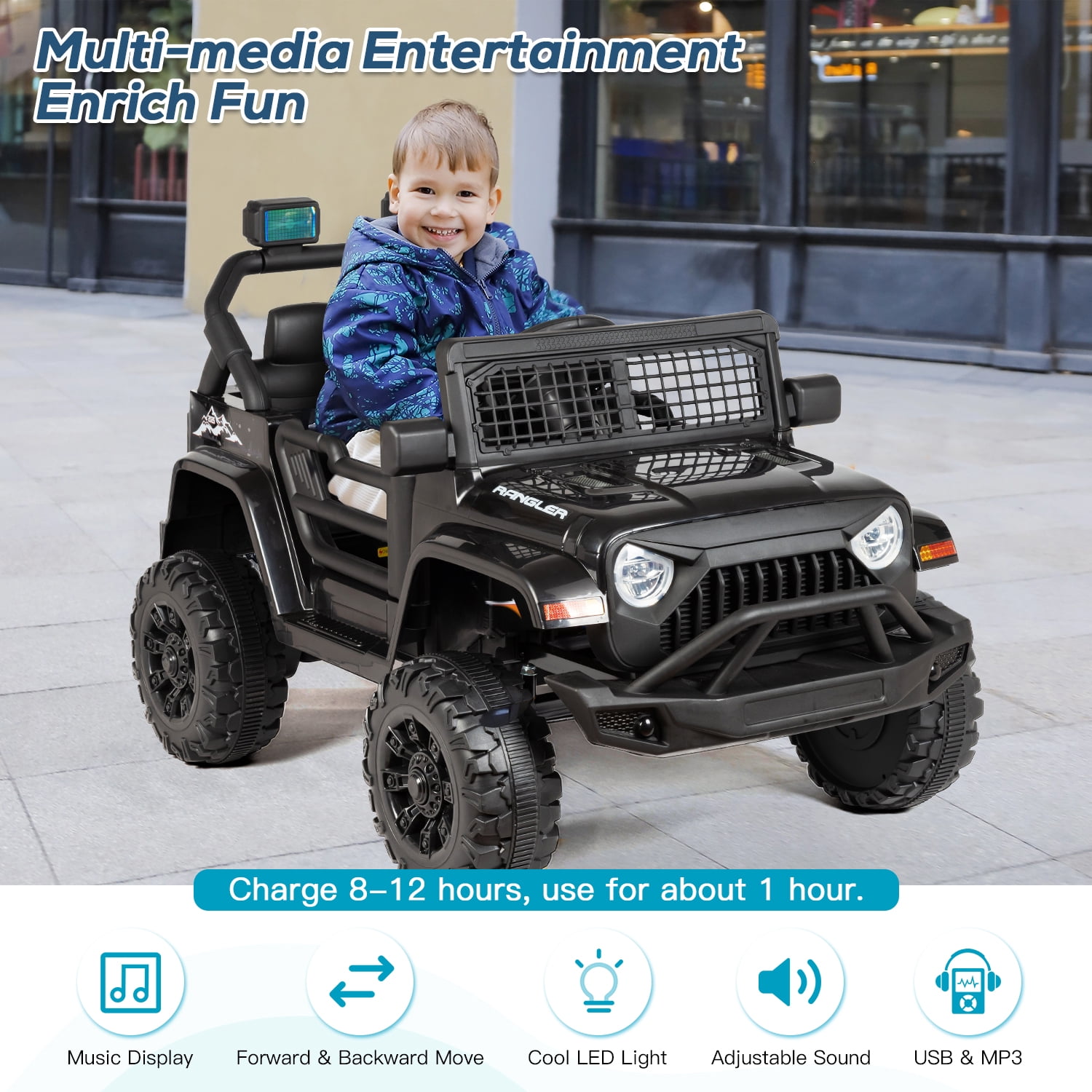 Erinnyees 12V Ride on Jeep Car, Kids Electric Vehicles with Remote Control, Safety Belt, Battery Powered, Music and Lights-Black