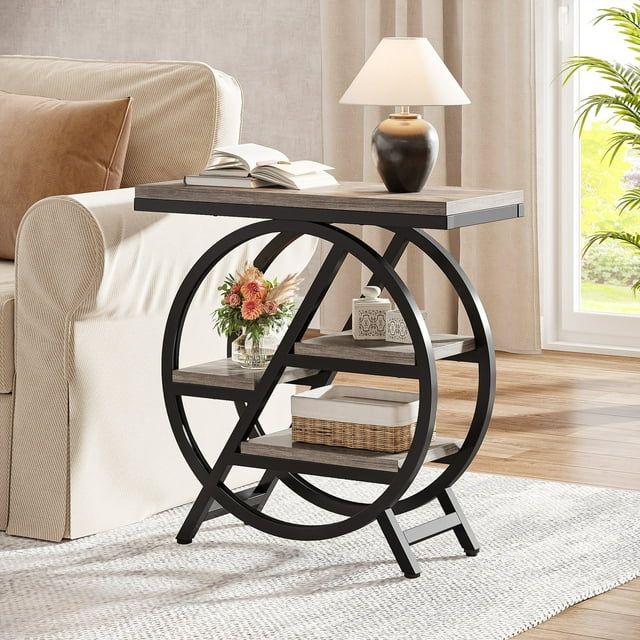 Fnova Table d'Appoint avec Cadre Métallique Circulaire, Table de Bout avec Étagères à 4 Niveaux pour Salon, Gris