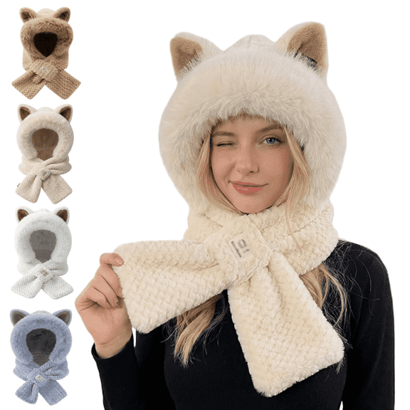 Tumao Scarf Hat with Fox Ears, Hooded Warm Scarf Fluffy Soft Bear Warmer Neck, Winter Cozy Gifts