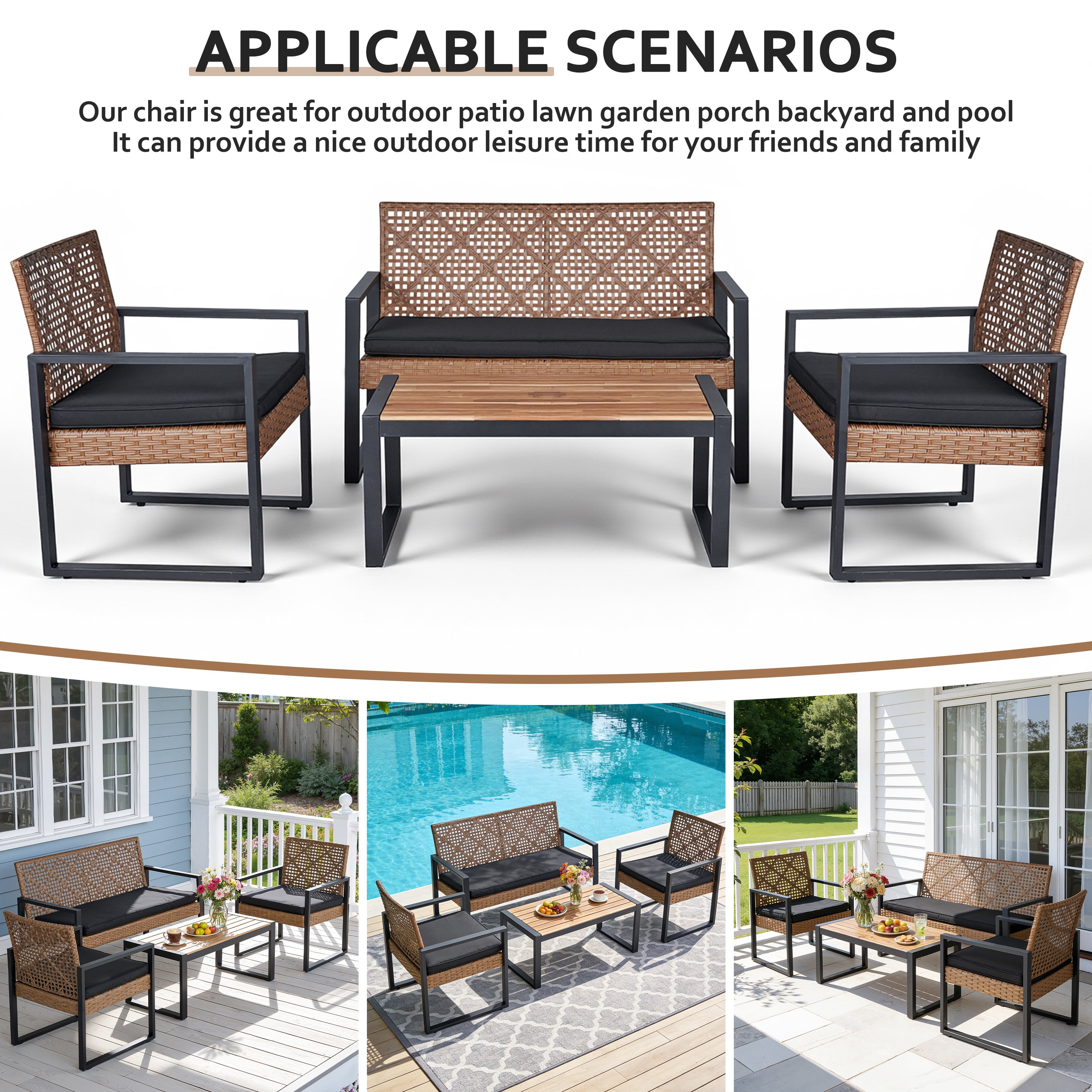 4 Pieces Outdoor Wicker Conversation Set, All-Weather Rattan Patio Furniture Sets with Arm Chairs, Acacia Wood Tabletop and Cushions, Sectional Sofa Set for Backyard, Garden, Poolside