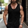 thumbnail image 2 of Men's Cotton Linen Tank Tops Sleeveless Hoodie Shirts Lace Up Beach Summer Yoga Top Hippie Renaissance Pirate Tunic with Hood Size 3XL Black, 2 of 6
