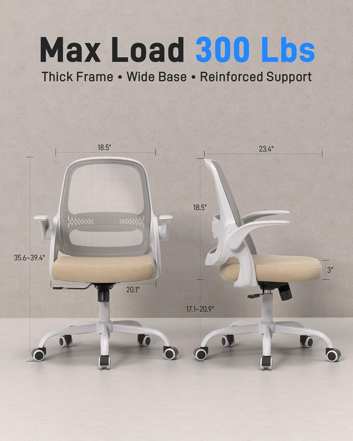 Ergonomic Mesh Office Chair for Home Office, Flip-Up Arms, Breathable Mesh Back & Thick Seat Cushion, Swivel Rolling Computer Desk Chair, Supports 300 lbs (White Frame/Beige Seat)