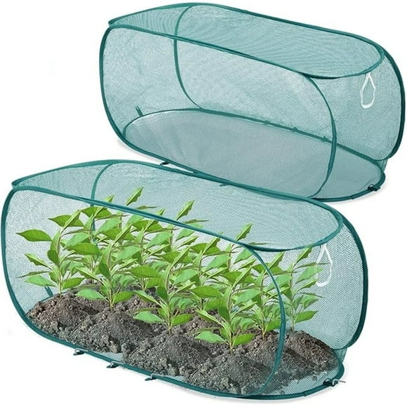 2 Pcs Couverture de Plante en Maille Pop Up, 39 Pouces x 18 Pouces x 16 Pouces Protecteur de Plante Pliable, Enclos de Plante en Maille, Filet de Jardin avec 8 Piquets de Sol pour Protéger les Plantes Légumes Fruits des Oiseaux Insectes