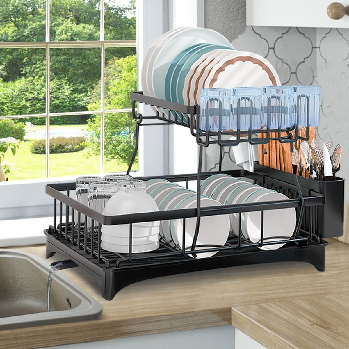 VAVSEA Dish Drying Rack for Kitchen Counter, 2 Tier Dish Rack, Rust-Proof Dish  Drainer with Cutting Board & Utensil Holder, Stainless Steel, Black Gold 