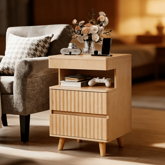 Oak Modern Bedside Table with Gun Drawer, Charging Station, 2 Drawers & Open Shelf for Bedroom