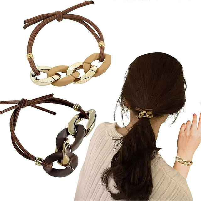 2 PCS Bracelet Hair Ties With Khaki Brown Elastic, Looks Awesome On Your Wrist and Cute In Your Hair