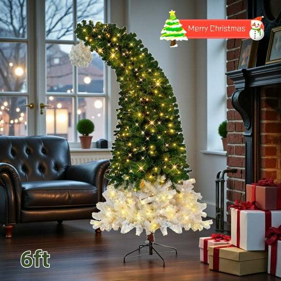 Tcbosik 6ft Pre-lit Bendable Christmas Tree with 250 Warm White Lights, Santa Hat Style Artificial Xmas Tree with 839 Branch Tips, Indoor Holiday Decoration with Metal Stand, Green & White