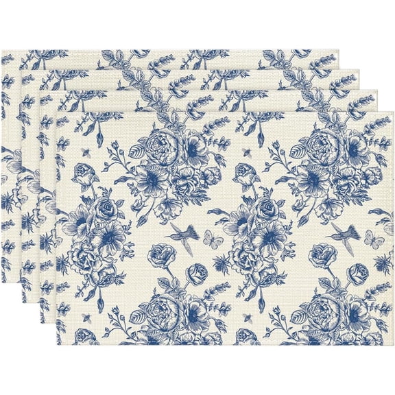 Navy Blue Floral Chinoiserie Placemats Set of 4, 12x18 Inch Seasonal Table Mats for Party Kitchen Dining Decoration