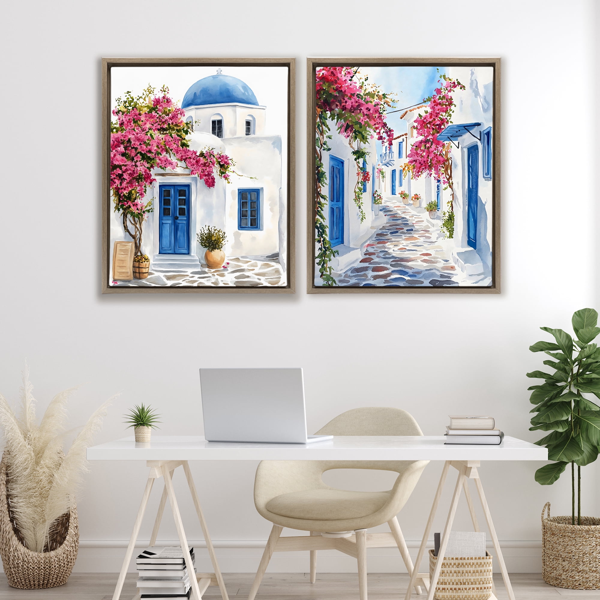 Stupell Industries Santorini House with Pink Tree 2 Piece Brown Framed Floater Canvas Set, design by LSR Design Studio