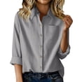 thumbnail image 4 of LEKODE womens linen tops V-neck Round neck embroidery cotton linen tops for women Dressy Casual Button-down lightweight shirt womens short sleeve button down shirts Casual formal wear Beige L, 4 of 9