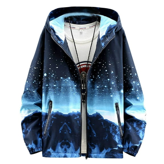Elvqul Mens Jackets Blue Big and Tall Fashion Print Coat Hooded Winter Long Sleeve Sweatshirts Zipper Pockets Shirts