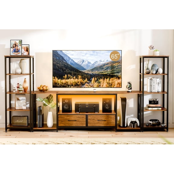FEXIA TV Stand for TVs up to 65 Inch Entertainment Center with 2 Bookshelves Rustic Farmhouse Modern TV Console with 2 Fabric Drawers, LED Lights & Power Outlets for Living Room