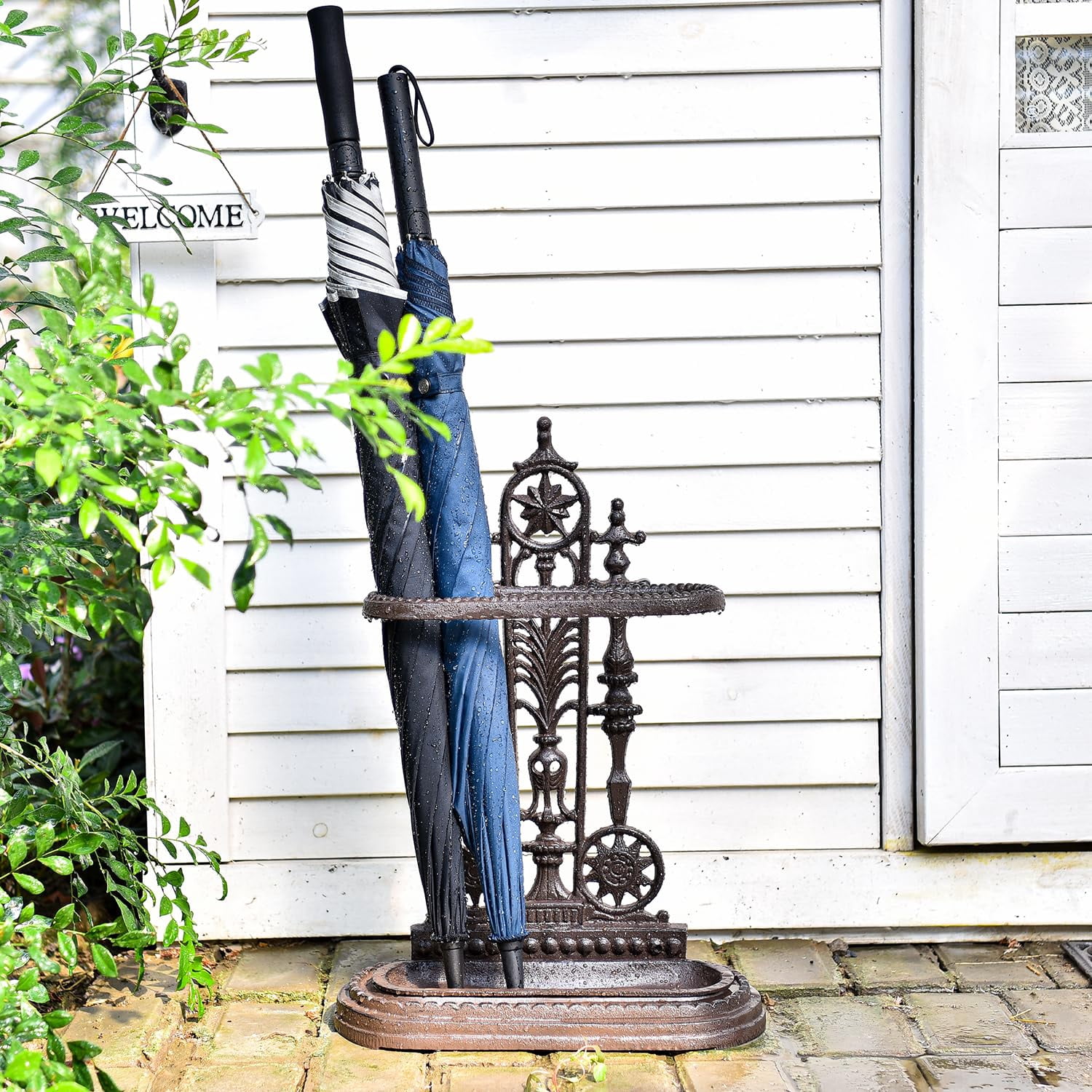 Sungmor Royal Style 1-Hook Cast Iron Umbrella Stand with Detachable Tray, Decorative Freestanding Umbrella Rack Organizer