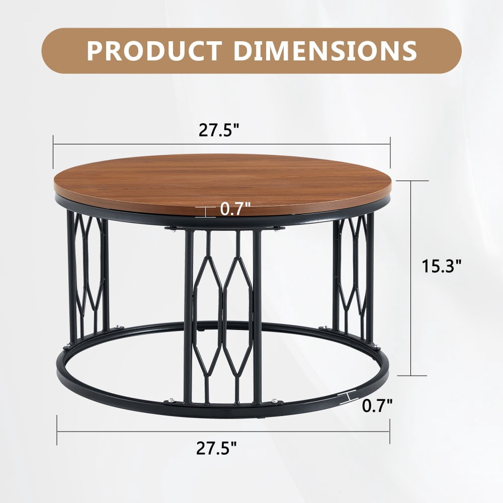 Round Coffee Table, 27.5" Coffee Table with Stone-Effect Travertine Top, Metal Frame, Modern Living Room Table, Walnut