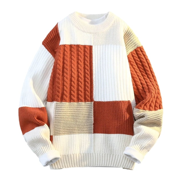 Chandail Tricoté de Noël pour Hommes, Décontracté à Blocs de Couleur, Col Rond
