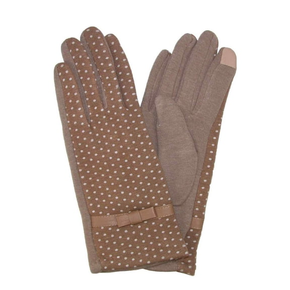 Womens Tan Polka Dot Bow Stretch Fit Texting & Tech Touchscreen Gloves