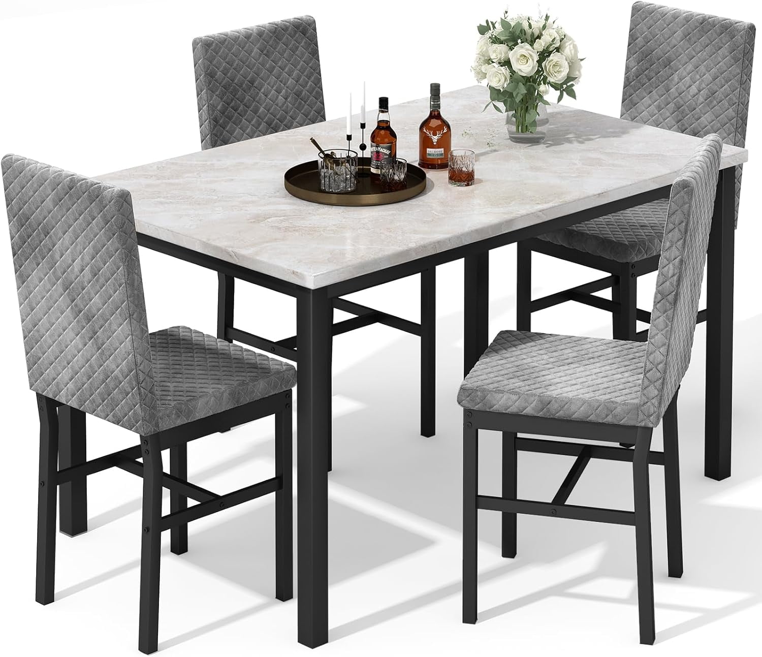 Dining table set for 4, marble kitchen table set with 4 diamond-shaped velvet dining chairs for small spaces, apartments, breakfast corners, kitchens and dining rooms (white/gray)