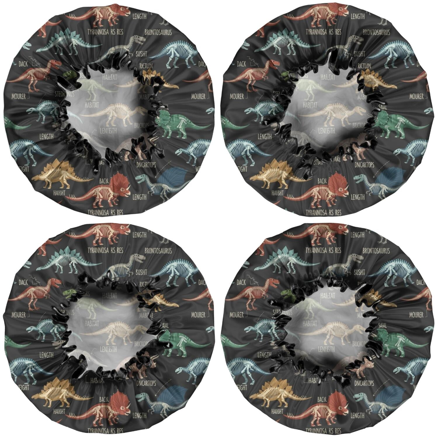 Shower Caps,Black Cartoon Dinosaurs Infos Pattern Waterproof Shower Cap for Women 4 Pieces,Double Reusable Hair Cover for Shower PEVA Elastic Stretch Hem