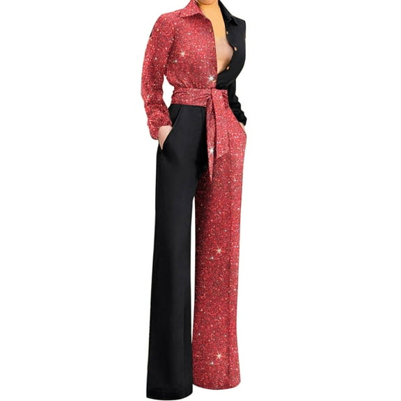 Women's Long Sleeve Lapel Pants - V Neck Stitching, Casual, Polyester, Autumn Winter, High Waist